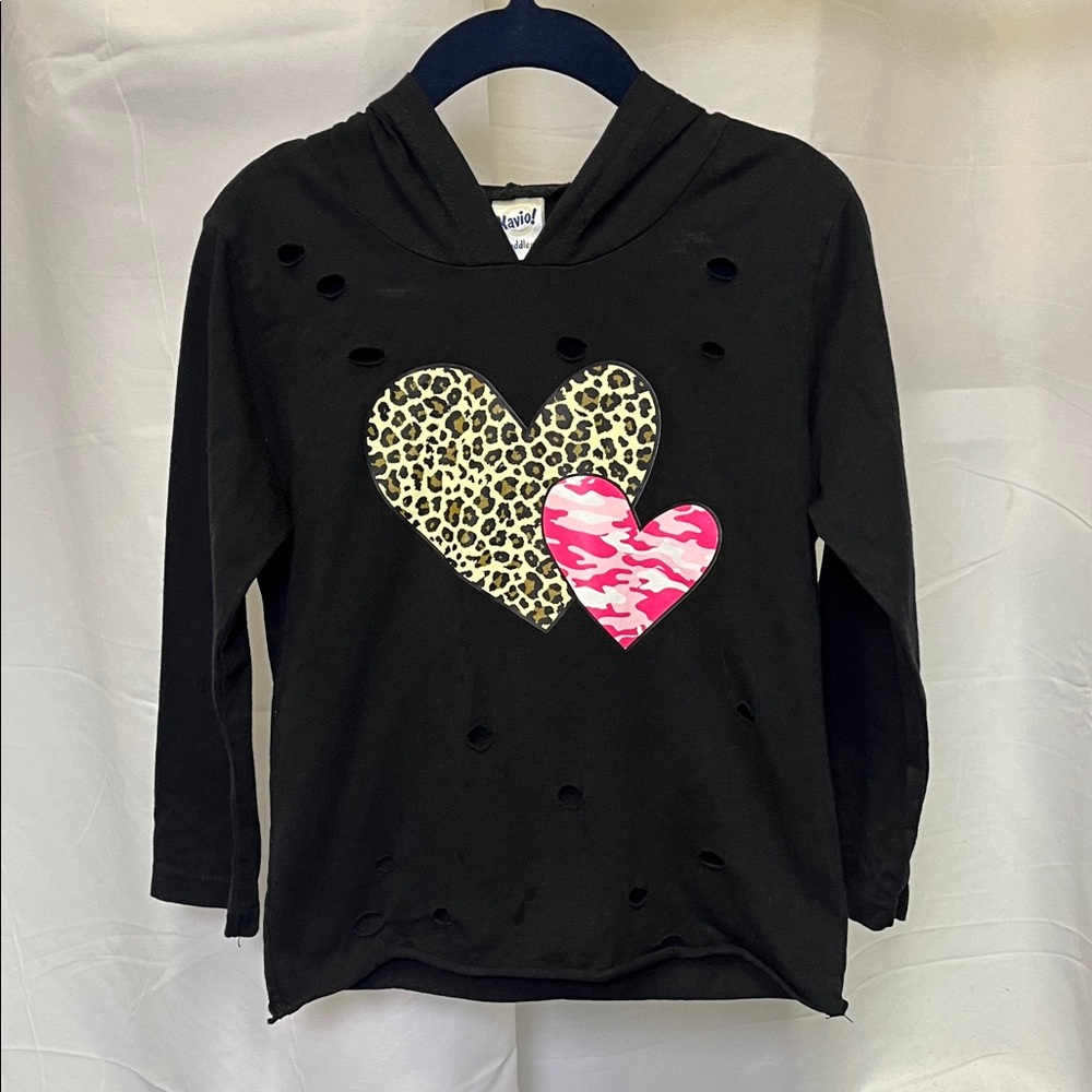 Kavio! Kids Black Hoodie shirt with Leopard Camo Hearts and distressed holes 4T